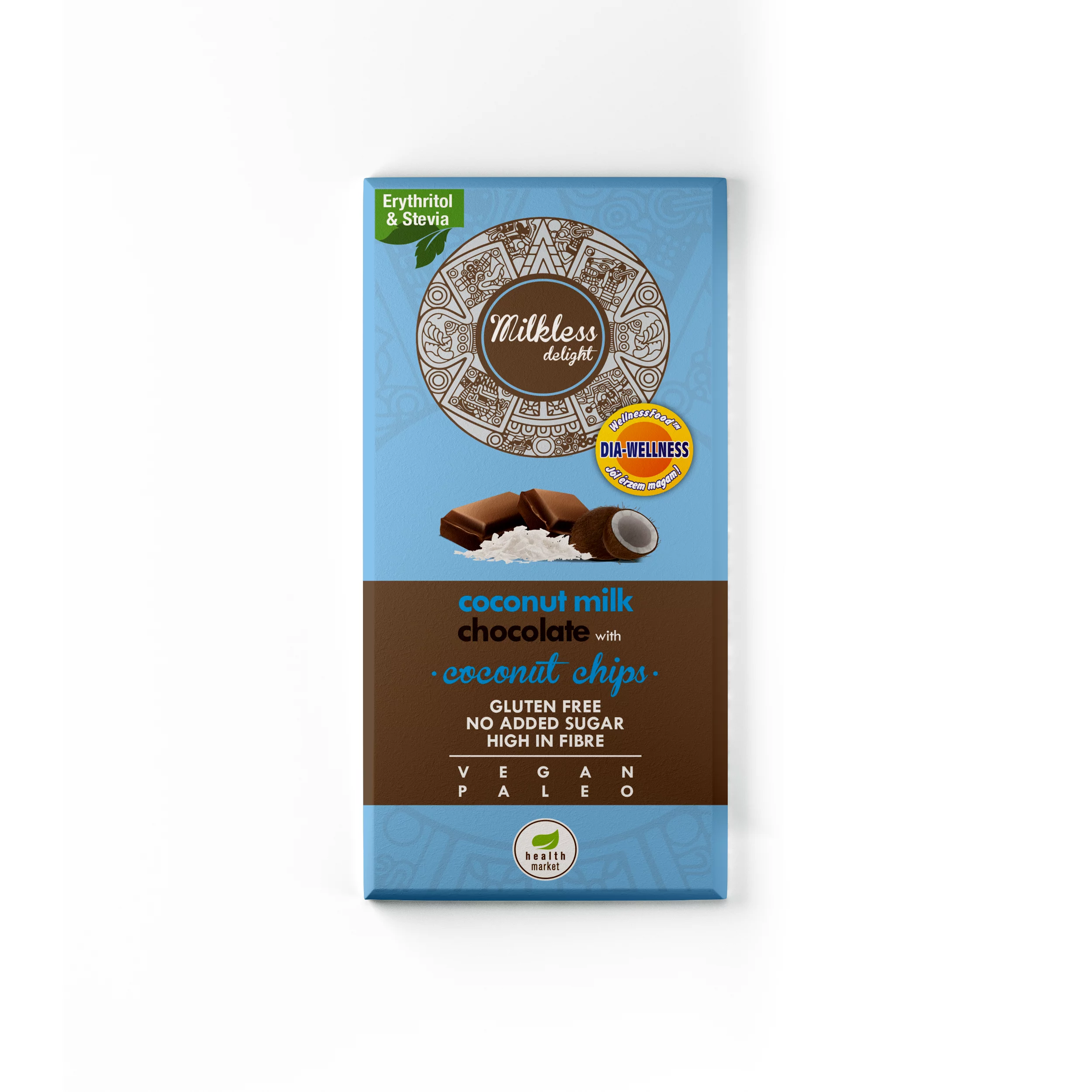 Dia-Wellness - Health Market Milkless Delight Kókusztejes csokoládé kókuszchipsszel 80g