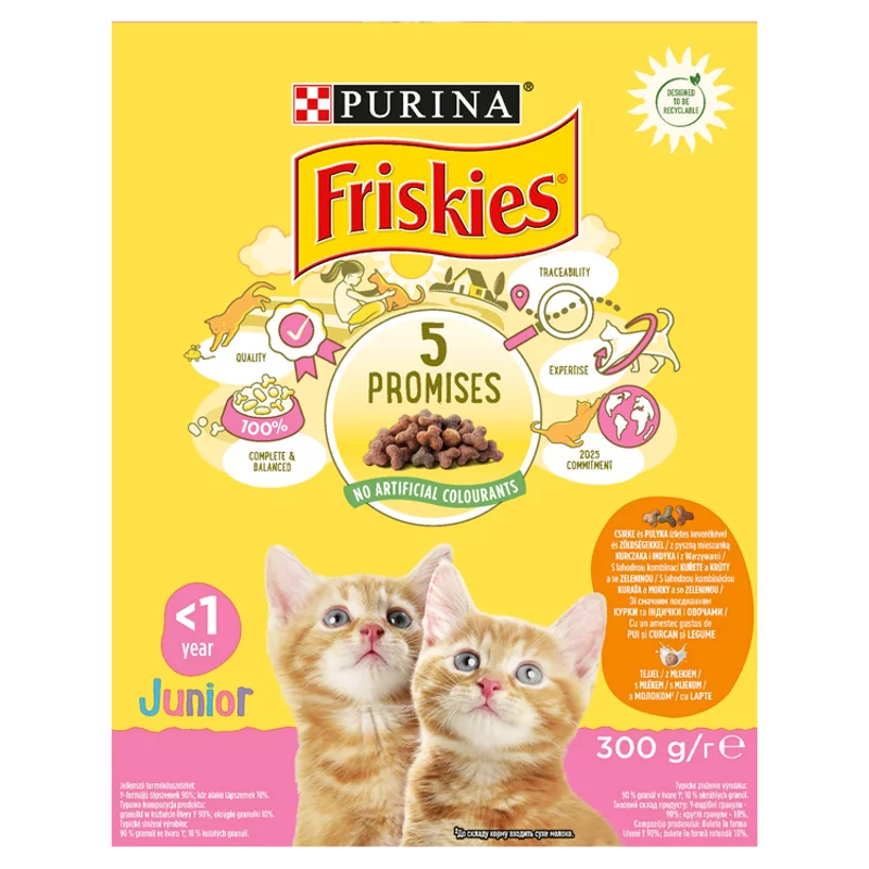 Purina Friskies Junior csirkével, tejjel és hozzáadott zöldségekkel száraz macskaeledel 300 g