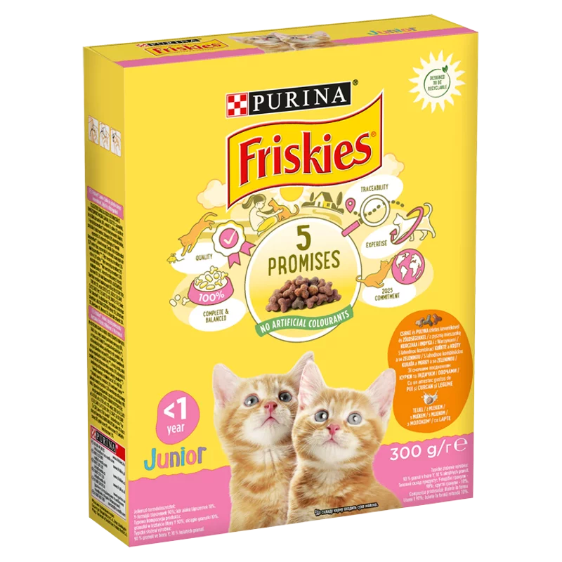 Friskies Junior száraz macskaeledel csirkével, tejjel és hozzáadott zöldségekkel 300 g