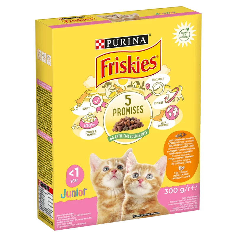 Purina Friskies Junior csirkével, tejjel és hozzáadott zöldségekkel száraz macskaeledel 300 g