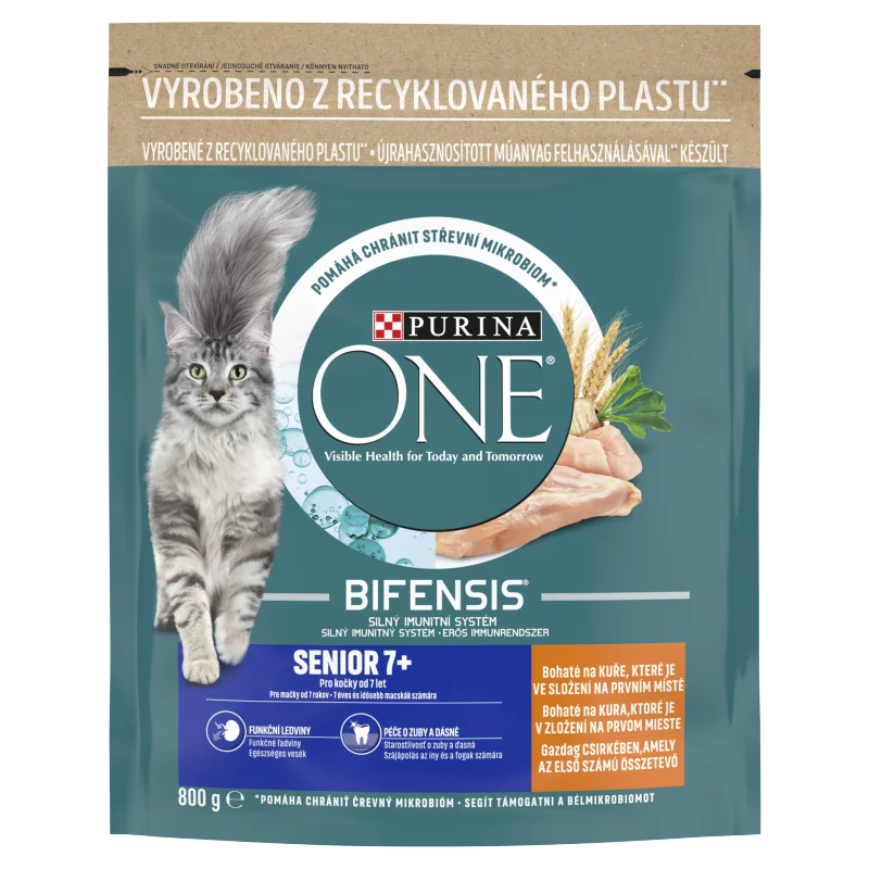 Purina One Senior csirkében és teljes kiőrlésű gabonákban gazdag száraz macskaeledel 800 g