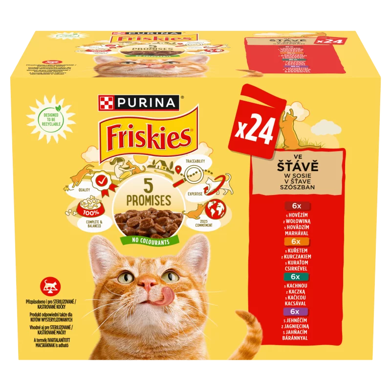 Purina Friskies szószban csirkével/marhával/báránnyal/kacsával nedves macskaeledel 24 x 85 g