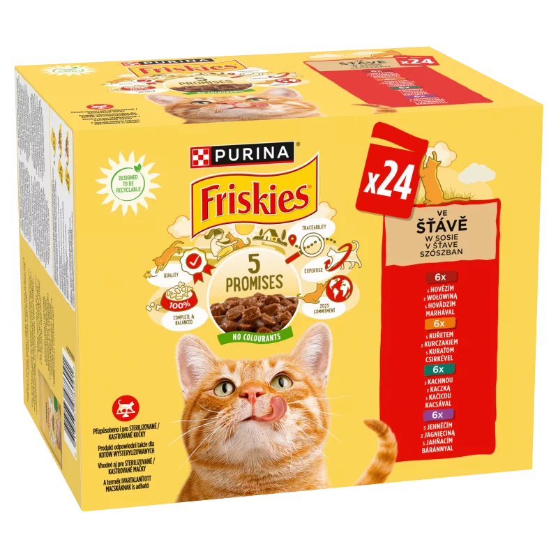 Purina Friskies szószban csirkével/marhával/báránnyal/kacsával nedves macskaeledel 24 x 85 g