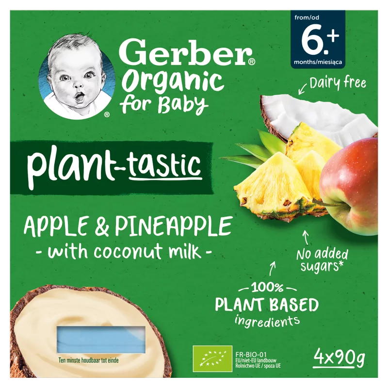 Gerber Organic kókusztej alapú alma-ananász ízű bio babadesszert 6 hónapos kortól 4 x 90 g (360 g)