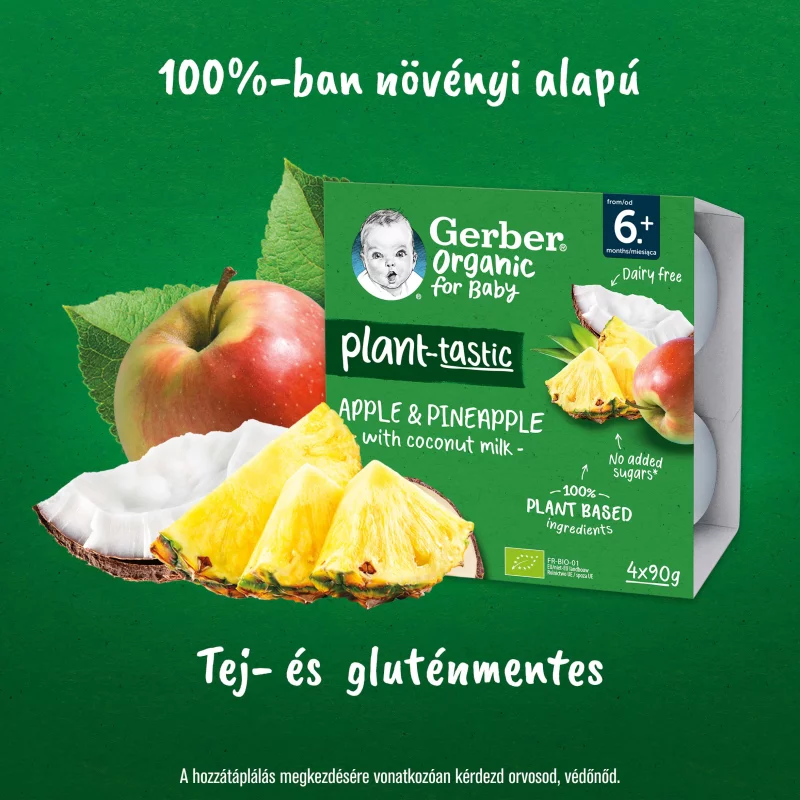 Gerber Organic kókusztej alapú alma-ananász ízű bio babadesszert 6 hónapos kortól 4 x 90 g (360 g)