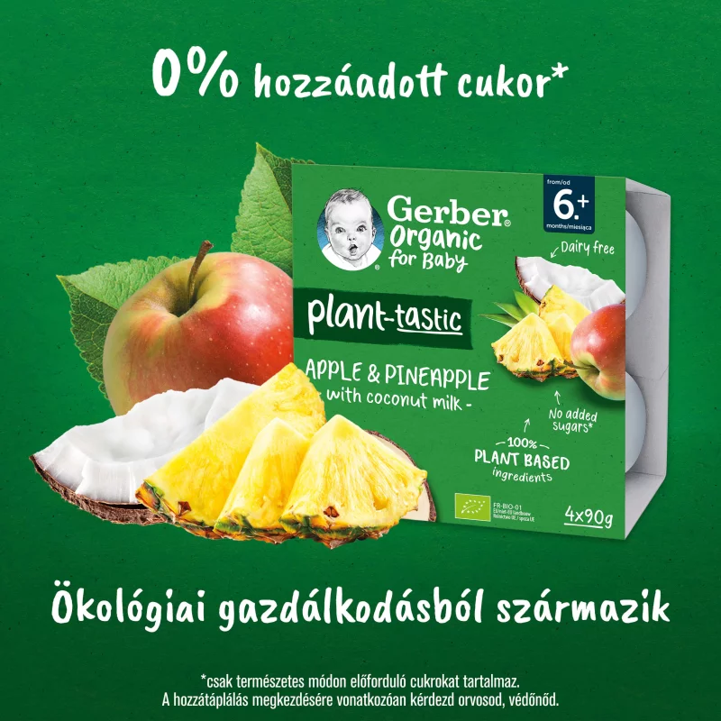 Gerber Organic kókusztej alapú alma-ananász ízű bio babadesszert 6 hónapos kortól 4 x 90 g (360 g)