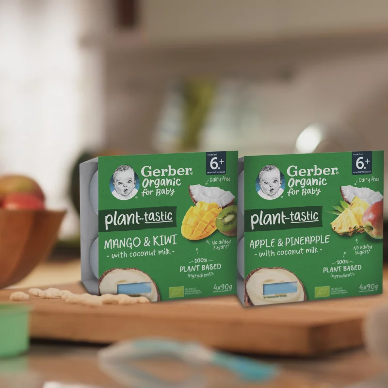 Gerber Organic kókusztej alapú alma-ananász ízű bio babadesszert 6 hónapos kortól 4 x 90 g (360 g)