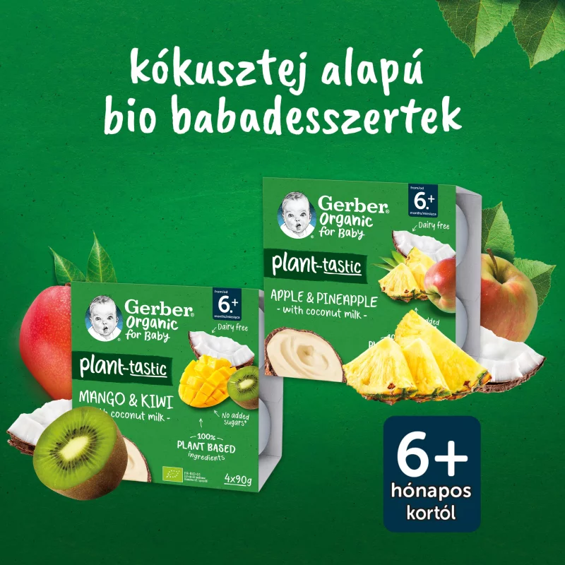 Gerber Organic kókusztej alapú alma-ananász ízű bio babadesszert 6 hónapos kortól 4 x 90 g (360 g)