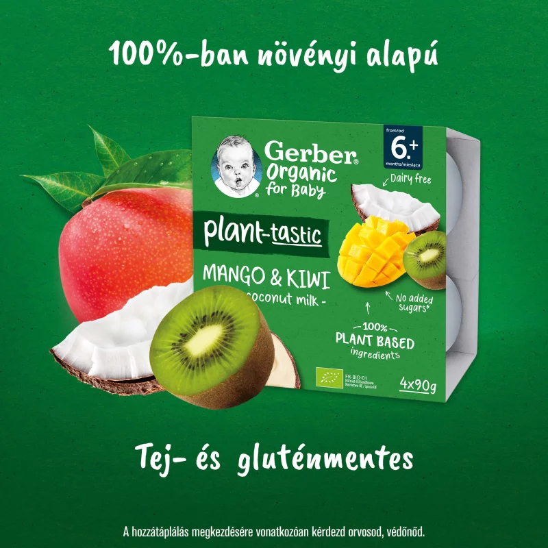 Gerber Organic kókusztej alapú mangó-kiwi ízű bio babadesszert 6 hónapos kortól 4 x 90 g (360 g)