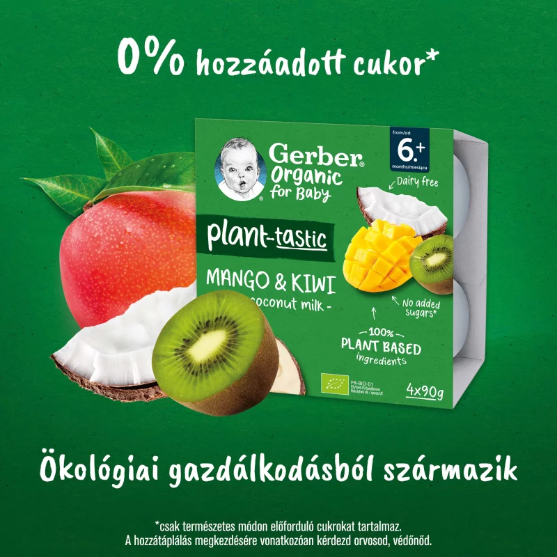 Gerber Organic kókusztej alapú mangó-kiwi ízű bio babadesszert 6 hónapos kortól 4 x 90 g (360 g)