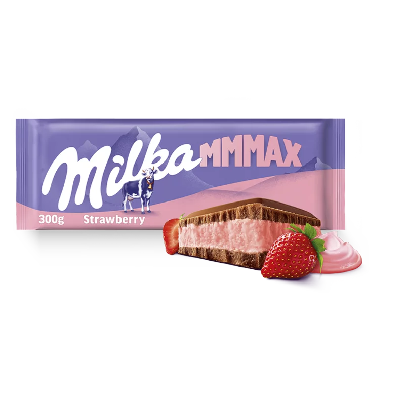 Milka Mmmax alpesi tej felhasználásával készült tejcsokoládé eperízű töltelékkel 300 g