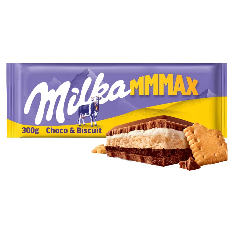 Milka Mmmax alpesi tejcsokoládé kakaós-tejes krémtöltelékkel és keksszel töltve 300 g