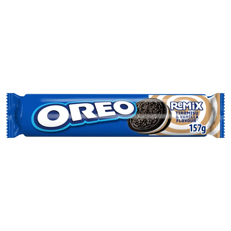 Oreo Remix vaníliaízű és tiramisuízű töltelékkel töltött kakaós keksz 157 g