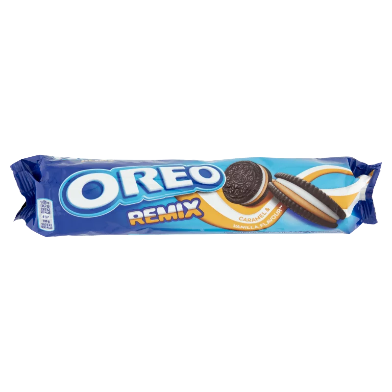 Oreo Remix vaníliaízű és karamellízű töltelékkel töltött kakaós keksz 157 g 
