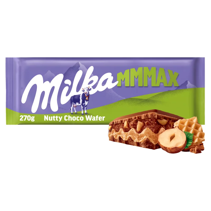 Milka Mmmax tejcsokoládé ostyával, mogyorós krémtöltelékkel és mogyoródarabokkal 270 g