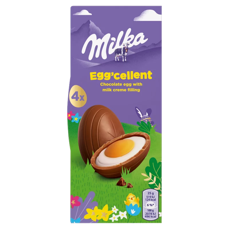 Milka Egg'cellent alpesi tej felhasználásával készült tejcsokoládé töltelékkel 4 x 31 g (124 g)