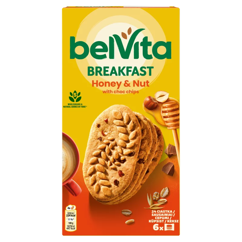 Belvita mogyorós és mézes, gabonás keksz csokoládédarabokkal 6 x 50 g (300 g)