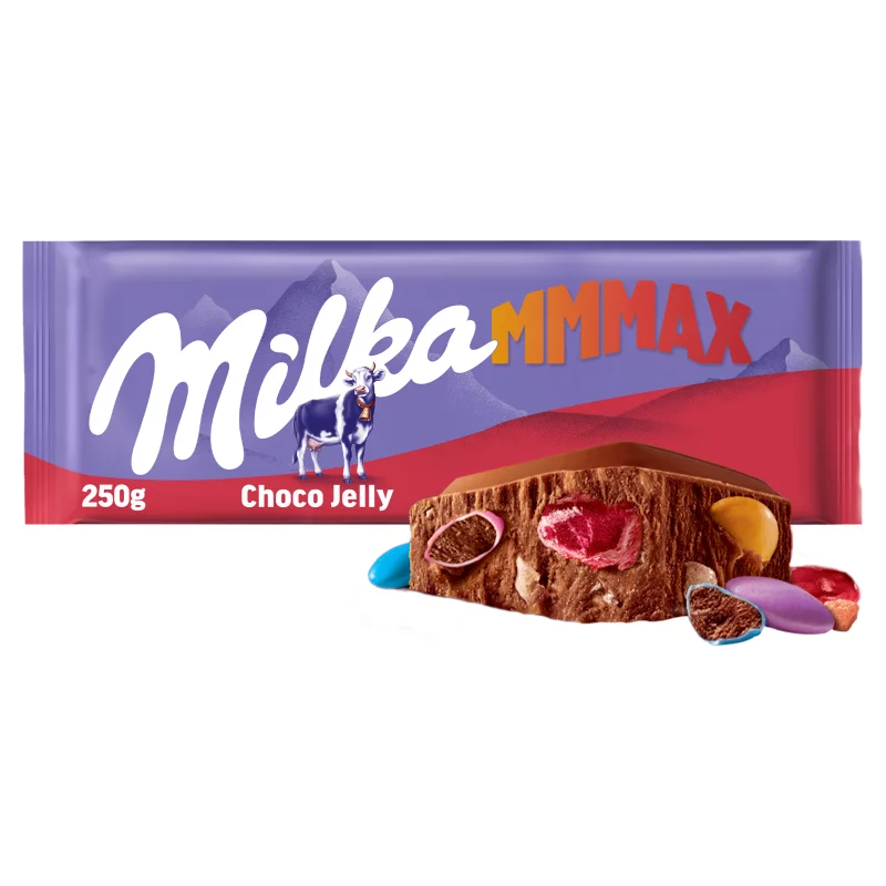 Milka Mmmax alpesi tejcsokoládé meggyes zselédarabkákkal, cukordrazséval és robbanócukorkával 250 g