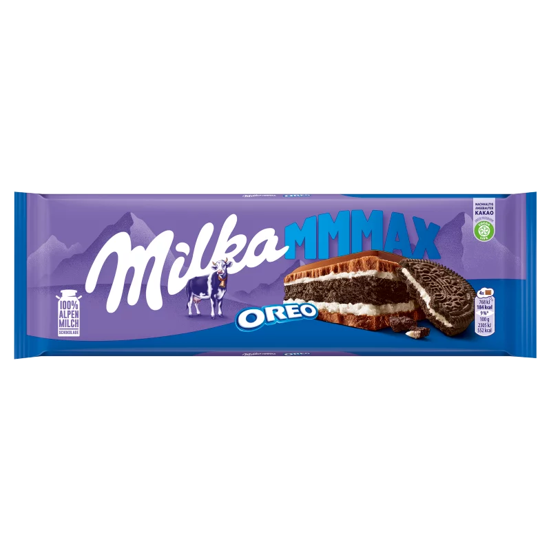 Milka Mmmax Oreo alpesi tejcsokoládé vanília ízű tejes krémtöltelékkel és kakaós keksszel 300 g