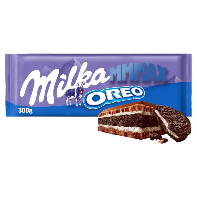Milka Mmmax Oreo alpesi tejcsokoládé vanília ízű tejes krémtöltelékkel és kakaós keksszel 300 g