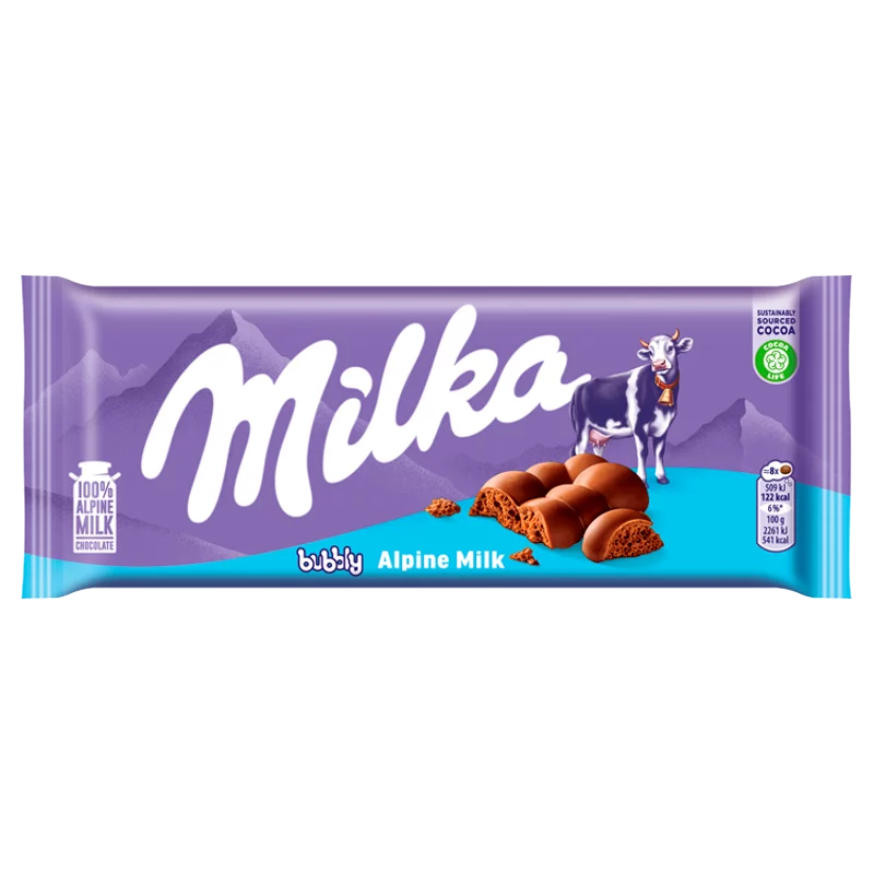 Milka Bubbly alpesi tejcsokoládé levegőbuborékos tejcsokoládé töltelékkel 90 g