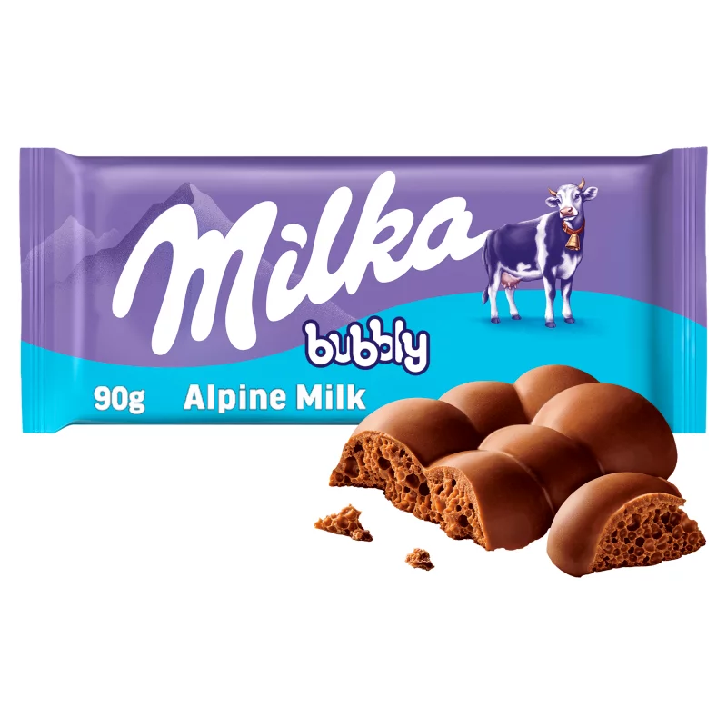 Milka Bubbly alpesi tejcsokoládé levegőbuborékos tejcsokoládé töltelékkel 90 g