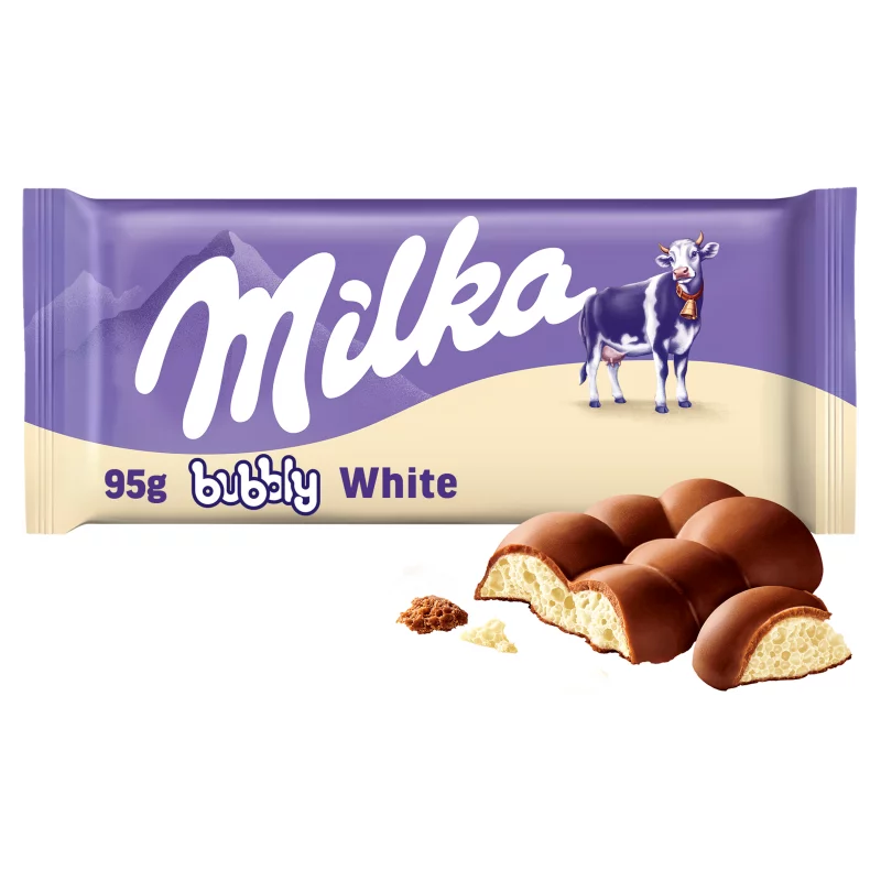 Milka Bubbly White alpesi tejcsokoládé levegőbuborékos fehércsokoládé töltelékkel 95 g