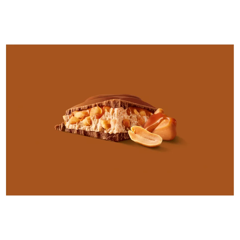 Milka Mmmax földimogyorós-karamellás alpesi tejcsokoládé földimogyoró darabokkal és rizzsel 276 g