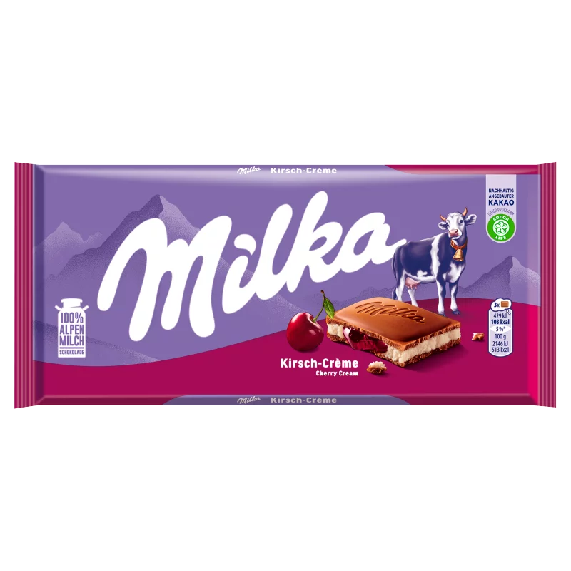 Milka alpesi tejcsokoládé meggyízű tejes krémtöltelékkel és meggyes gyümölcskrémmel 100 g