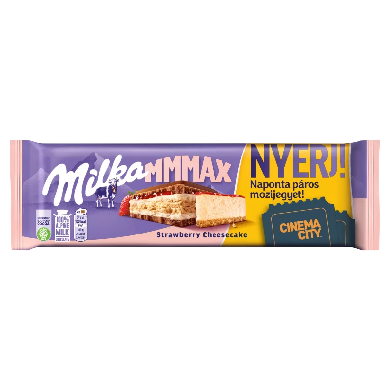 Milka alpesi tejcsokoládé sajttortaízű krémtöltelékkel, epres töltelékkel és keksszel 300 g