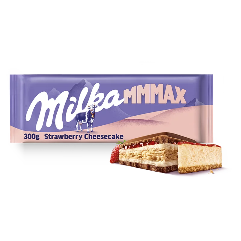 Milka alpesi tejcsokoládé sajttortaízű krémtöltelékkel, epres töltelékkel és keksszel 300 g