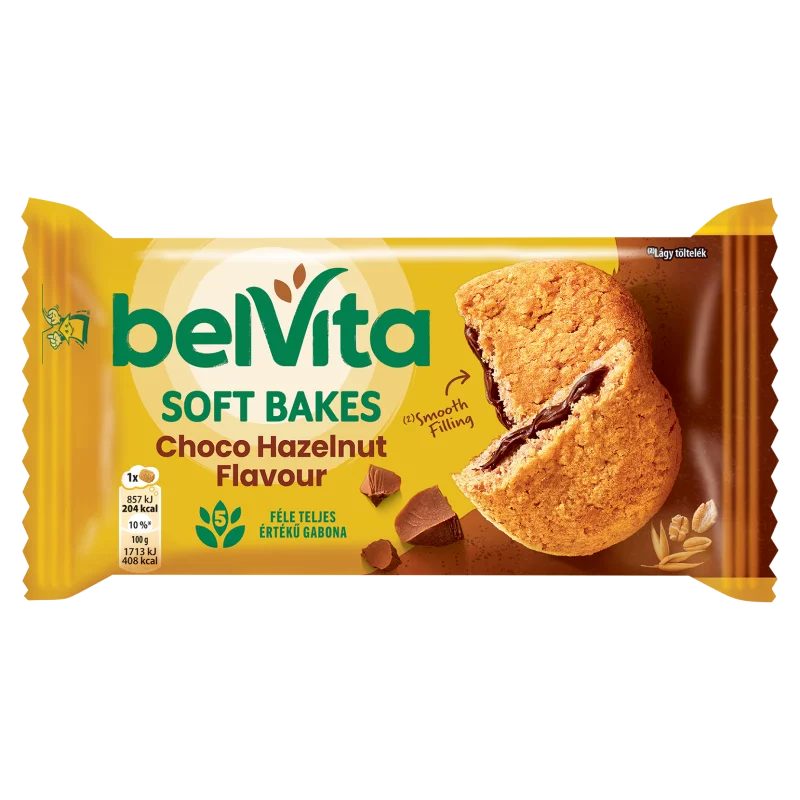 Belvita Soft Bakes gabonás, mogyoróízű keksz kakaós töltelékkel 50 g