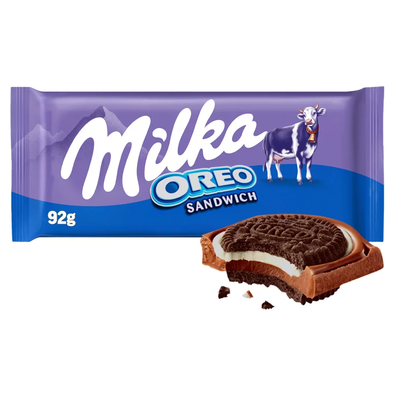 Milka Oreo Sandwich kakaós kekszek vaníliaízű, tejes krémtöltelékkel alpesi tejcsokoládén 92 g