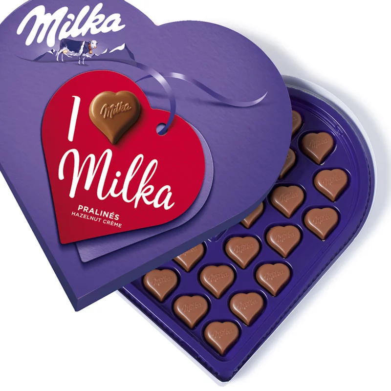Milka I love Milka alpesi tejcsokoládé praliné mogyorós krémtöltelékkel 165 g