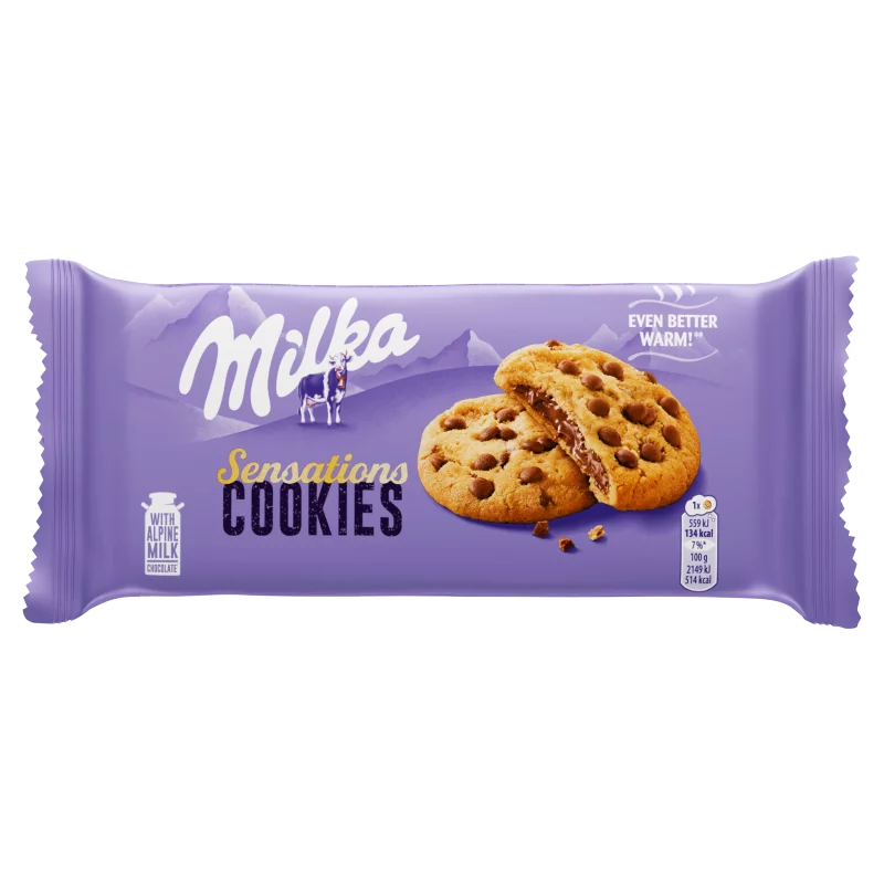 Milka Cookies Sensations keksz alpesi tejcsokoládé darabokkal és tejcsokoládés töltelékkel 156 g
