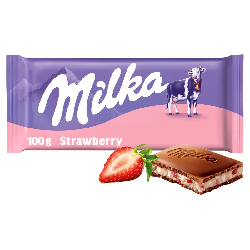Milka alpesi tej felhasználásával készült tejcsokoládé eperízű krémmel töltve 100 g