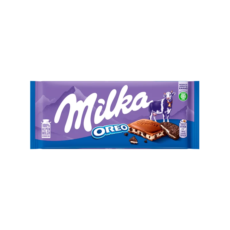 Milka Oreo alpesi tejcsokoládé kakaós kekszdarabokkal és vaníliaízű tejes krémtöltelékkel 100 g