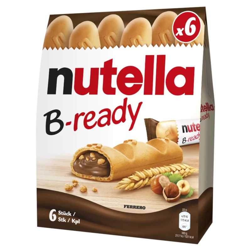 Nutella B-Ready ropogós ostya kakaós mogyorókrémmel és búzakészítménnyel töltve 6 x 22 g (132 g)