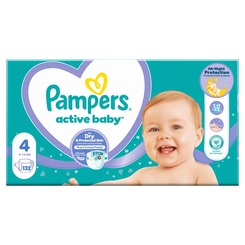 Pampers Active Baby Pelenka, Méret: 4, 132 db Pelenka, 9kg-14kg
