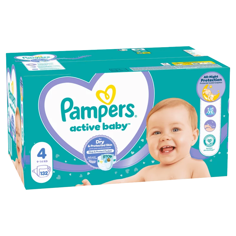 Pampers Active Baby Pelenka, Méret: 4, 132 db Pelenka, 9kg-14kg