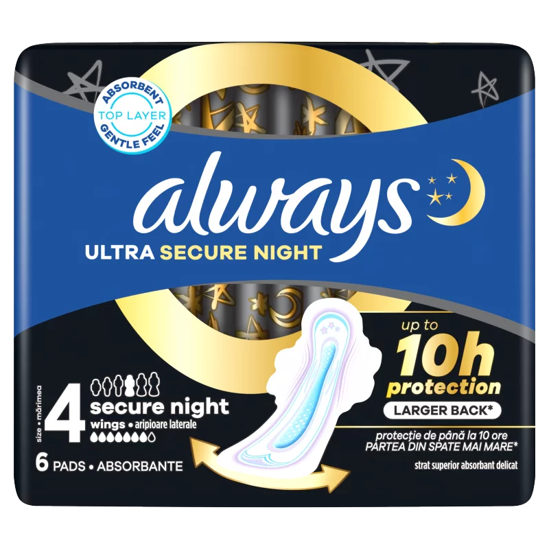 Always Ultra Secure Night (4-es Méretű) Szárnyas Betét Egészségügyi Betét, 6 Db