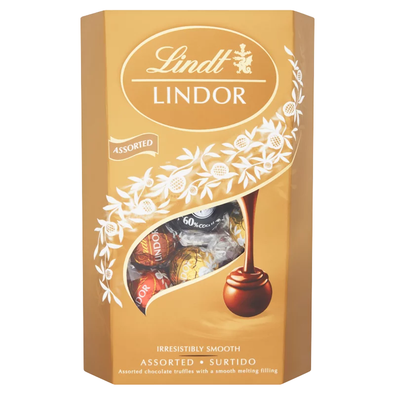 Lindt Lindor tejcsokoládé-tejcsokoládé mogyoródarabokkal-fehér- és keserű csokoládé praliné 337 g