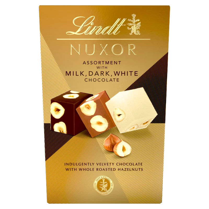 Lindt Nuxor csokoládé válogatás tej-, ét- és fehér csokoládé egész mogyoróval őrölt mogyoróval 150 g