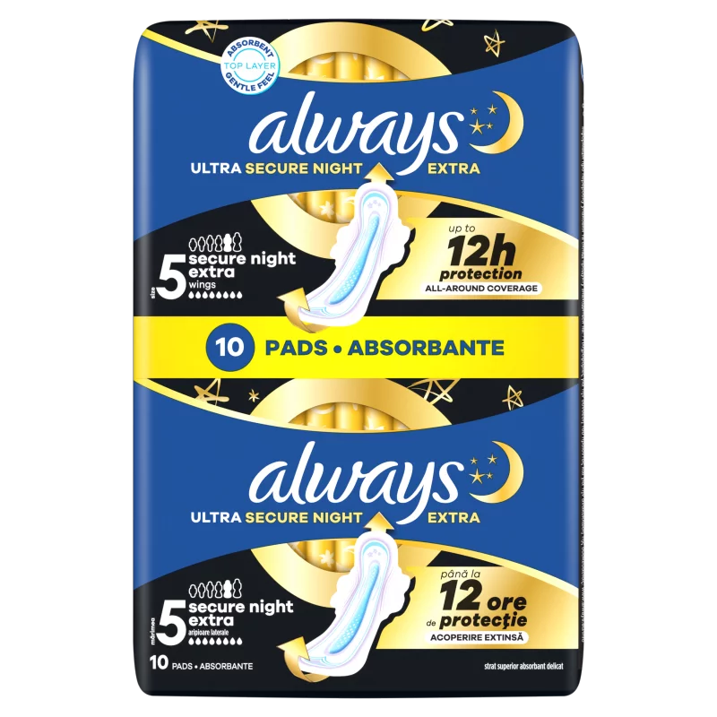 Always Ultra Secure Night Extra Egészségügyi Betét (5-ös Méret) Szárnyas Betét x 10]