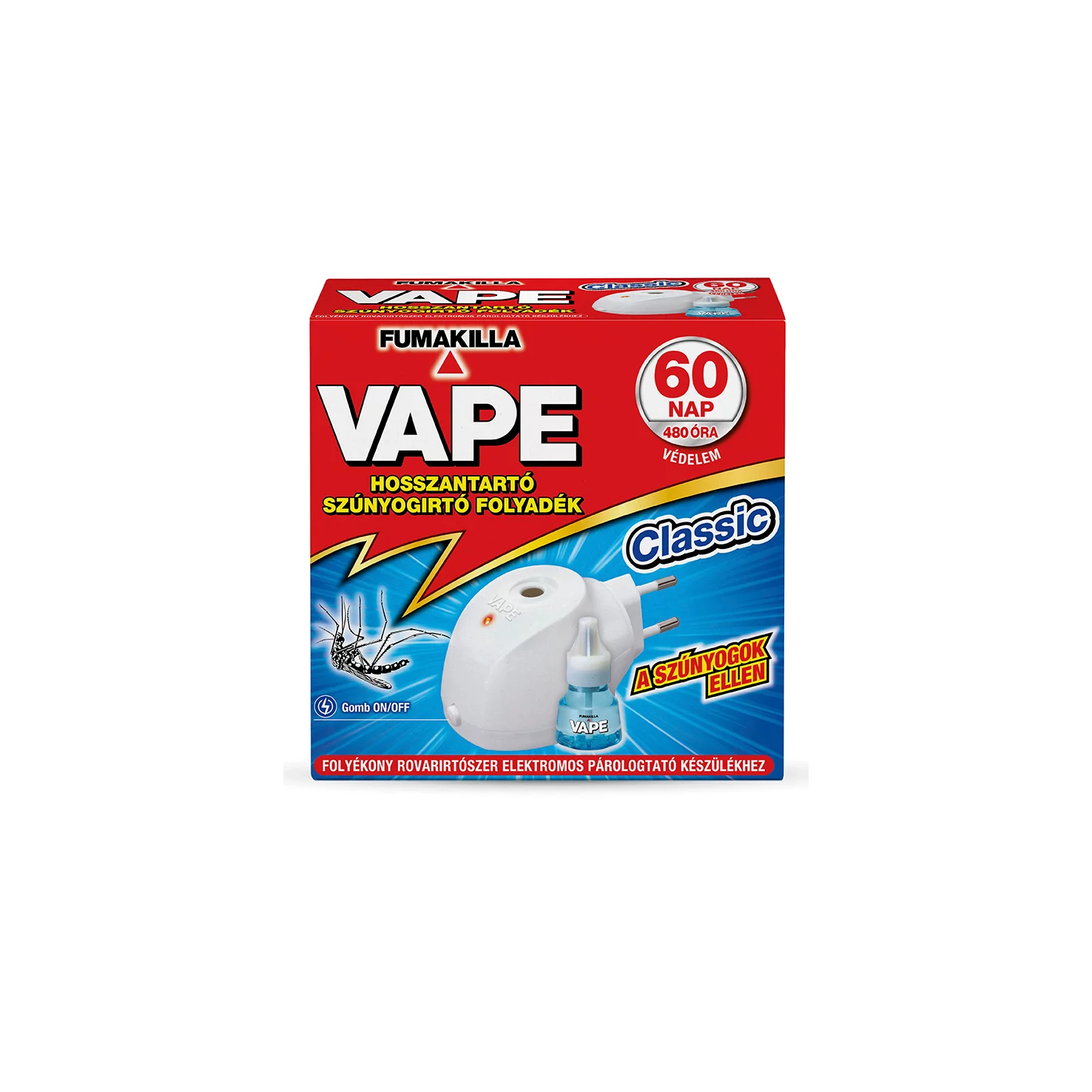 Vape elektromos készülék (fehér) + folyadék 30ml Classic hosszantartó szúnyogirtó (ki-bekapcs.g)