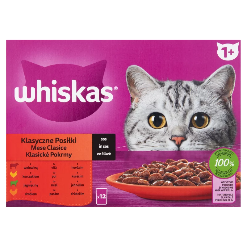 Whiskas 1+ teljes értékű nedves eledel felnőtt macskáknak 12 x 85 g (1,02 kg)