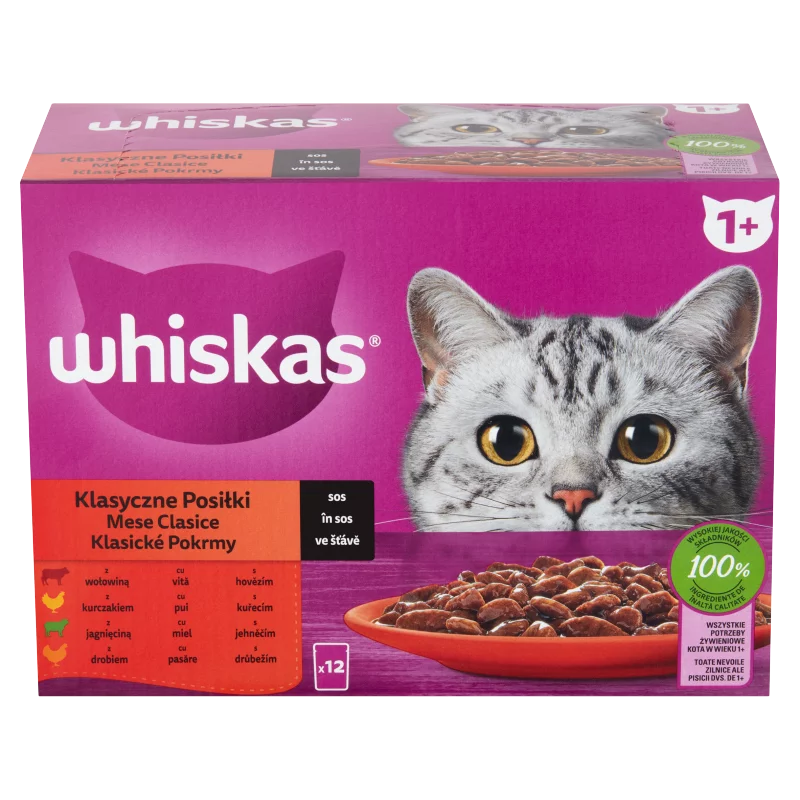 Whiskas 1+ teljes értékű nedves eledel felnőtt macskáknak 12 x 85 g (1,02 kg)