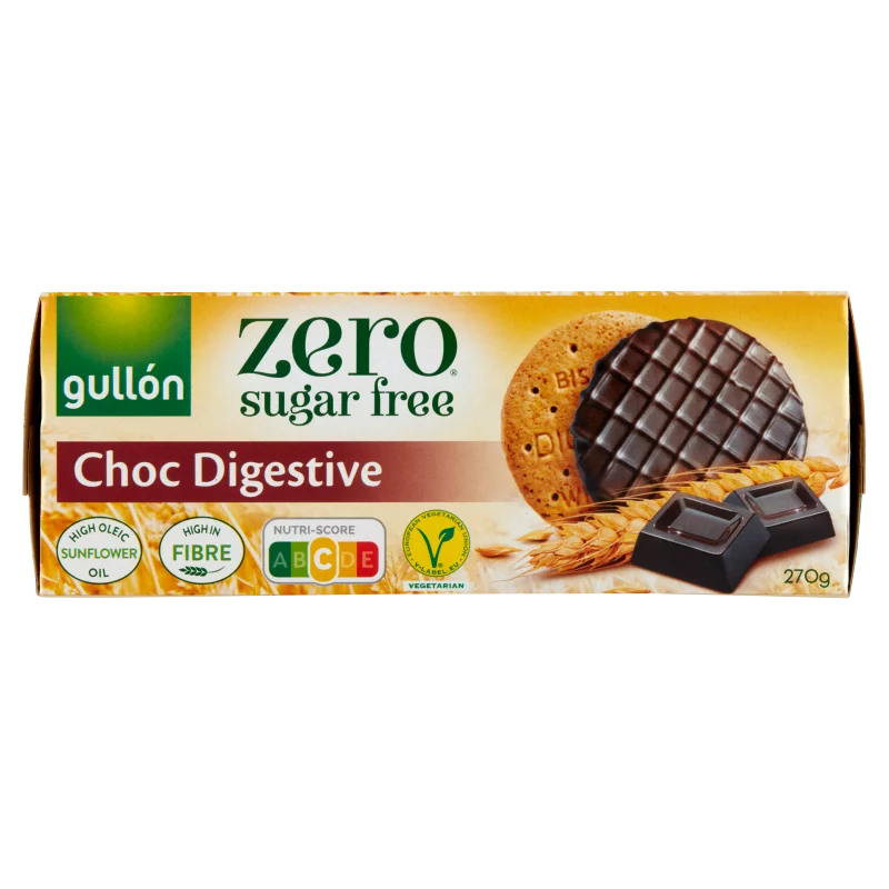 Gullón Zero étcsokoládéval bevont teljes kiőrlésű cukormentes keksz édesítőszerrel 270 g