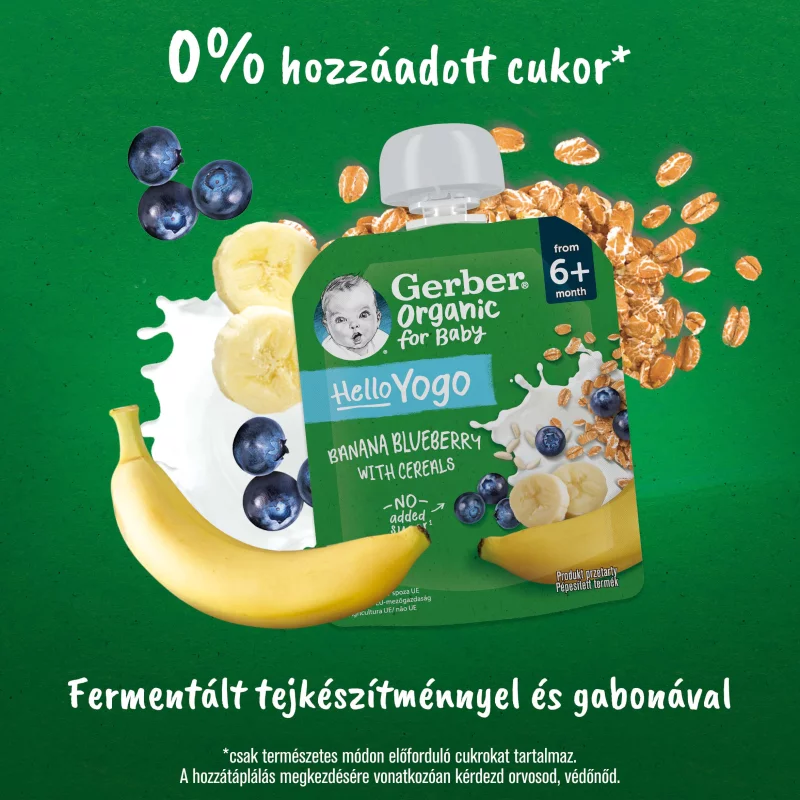 Gerber Organic for Baby Hello Yogo bio banán-áfonya gyümölcspüré gabonával 6 hónapos kortól 80 g