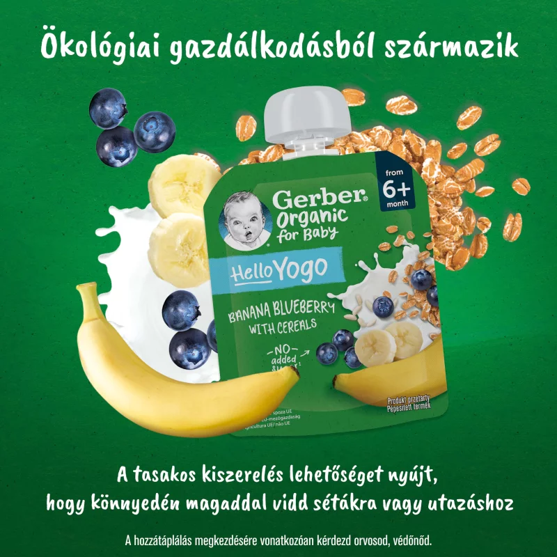 Gerber Organic for Baby Hello Yogo bio banán-áfonya gyümölcspüré gabonával 6 hónapos kortól 80 g
